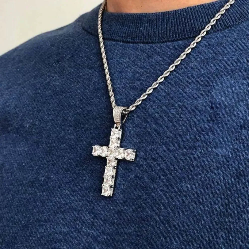 Clear White Halo Diamond Cross Pendant Necklace on 925 Sterling Silver